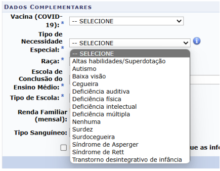 captura de tela do campo "tipo de necessidade especial" com as opções para selecionar