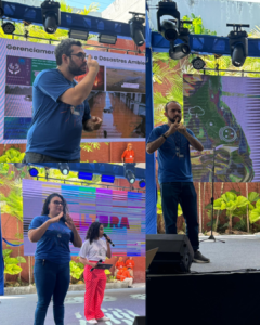 Montagem de 3 imagens de interpretes de libras, traduzindo falas dos apresentadores em momentos distintos no palco principal da Feira das profissões