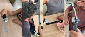 feramenta de tecnologia assistiva para pessoas com parkison, verstick. 4 senas de uso, com carfo, colher, pente e com escova de dentes